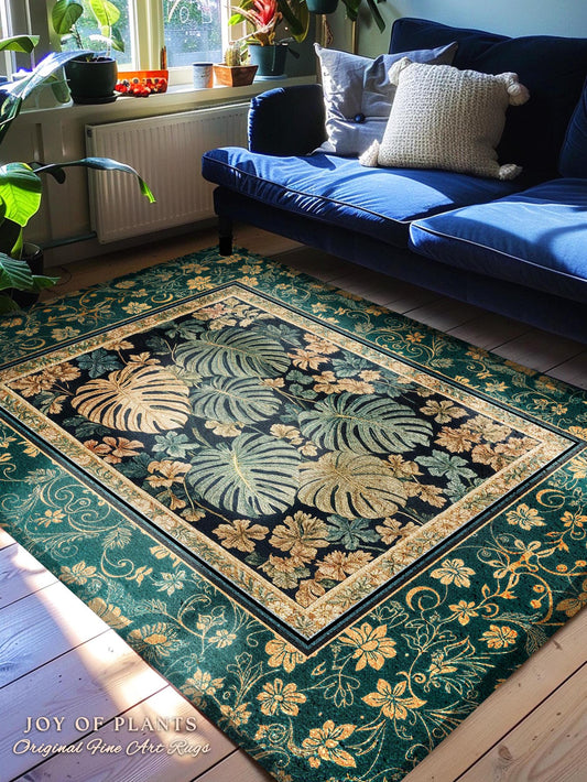 Unique Monstera Print Botanical Rug | Elegant Greenhouse Statement Rug Woodland Decor Houseplant Love Moody Jungle Vibe Tropical Area Rug |