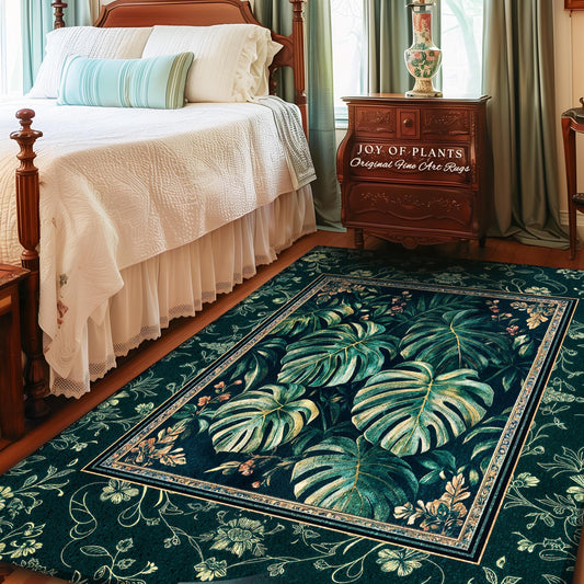 Elegant Botanicals Emerald Area Rug | Tropical Monstera Deliciosa Plant Lover Aesthetic Greenhouse Green Moody Jungle Vibe Dark Maximalist |