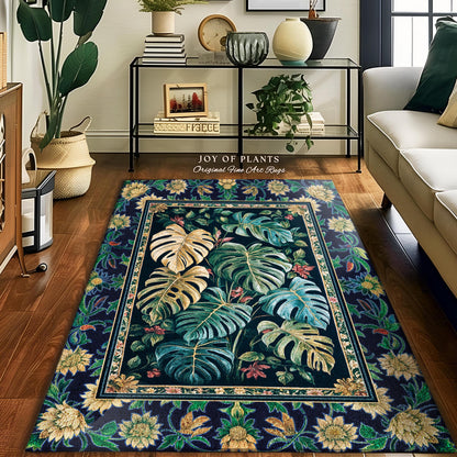 Enchanting Forest Tropical Statement Rug | Earthy Green Colors Maximalist Elegant Statement Rug Woodland Moody Jungle Vibe Plant Lover Room