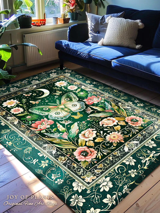 Ethereal Witchy Moth Moon Rug | Whimsical Cottagecore Dreamy Forest Bedroom Antique Green Celestial Woodland Whimsy Butterfly Gothic Decor |
