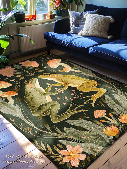 Scandinavian Frog & Toad Accent Rug | Folklore Cottagecore Rug Boho Floral Living Room Woodland Aesthetic Fairycore Nature Themes Nursery |
