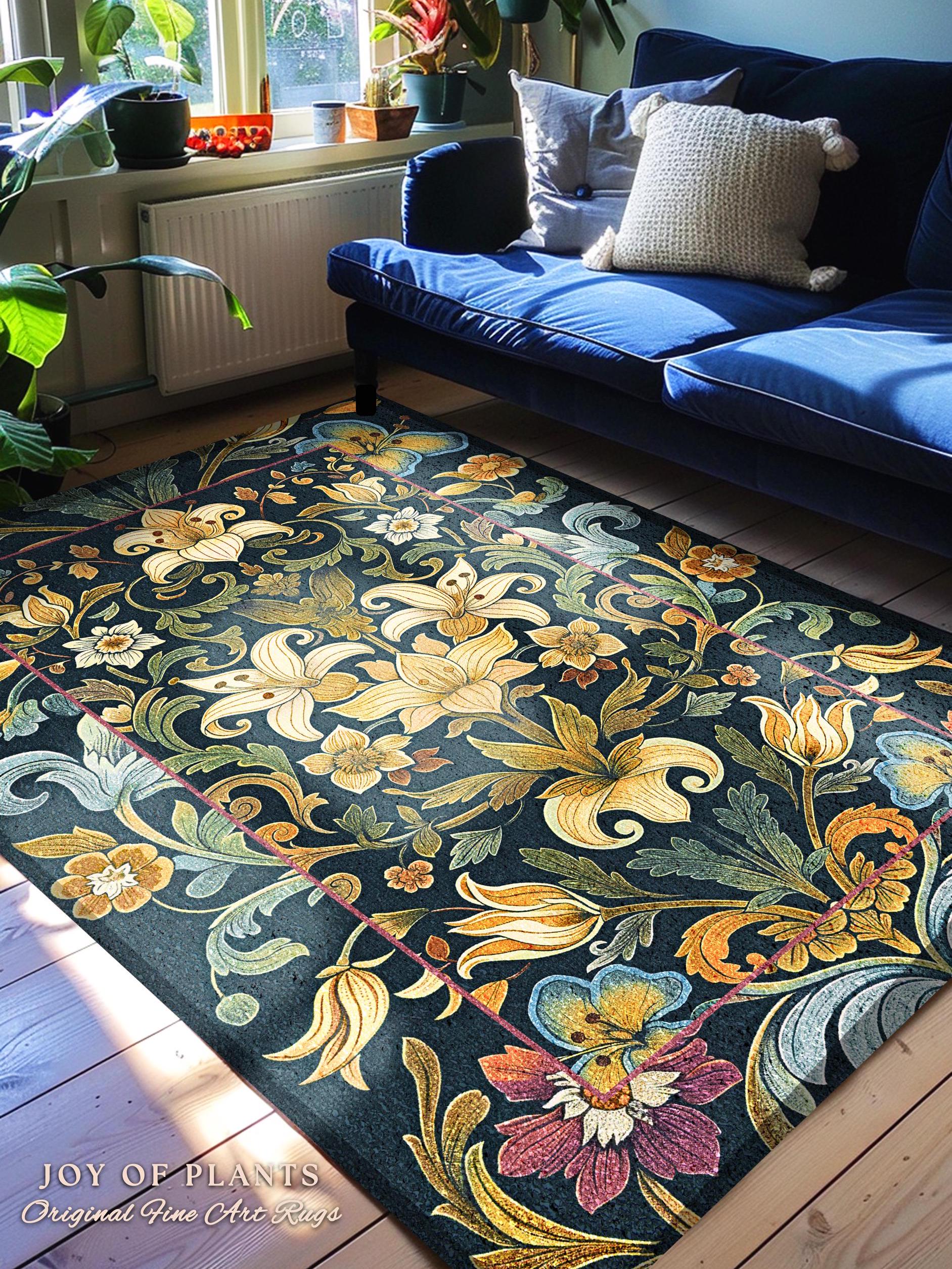 Rustic Farmhouse Floral Rug Country Cottage Charm | Soft Cottagecore Botanical Elegance Vintage Boho Flower Pattern Morris Style Home Decor