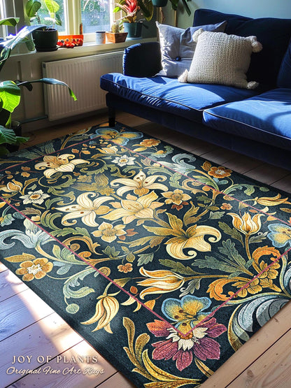 Rustic Farmhouse Floral Rug Country Cottage Charm | Soft Cottagecore Botanical Elegance Vintage Boho Flower Pattern Morris Style Home Decor