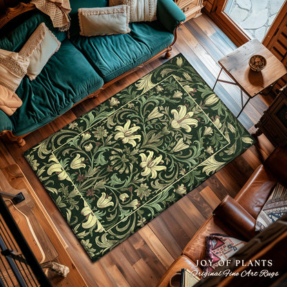 Antique Victorian Floral Rug Dark Green Botanical Aesthetic, Baroque Inspired Art Nouveau Vintage Cottagecore Mat William Morris Style Decor