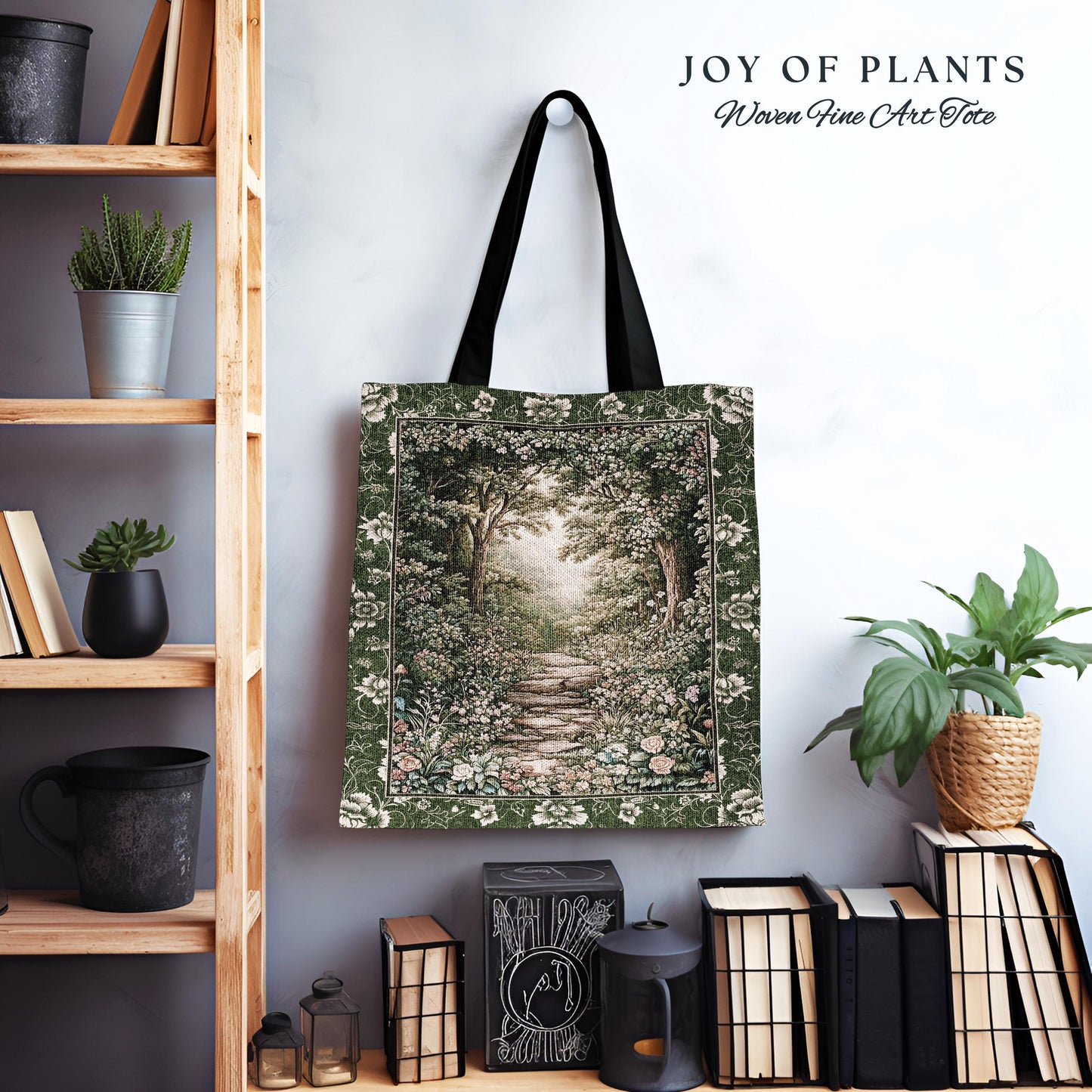 Mystic Garden Fairytale Landscape Tapestry Tote | Fairycore Woodland Nature Lover Book Nook Bag Cozy Earthy Aesthetic Whimsical Botanical |