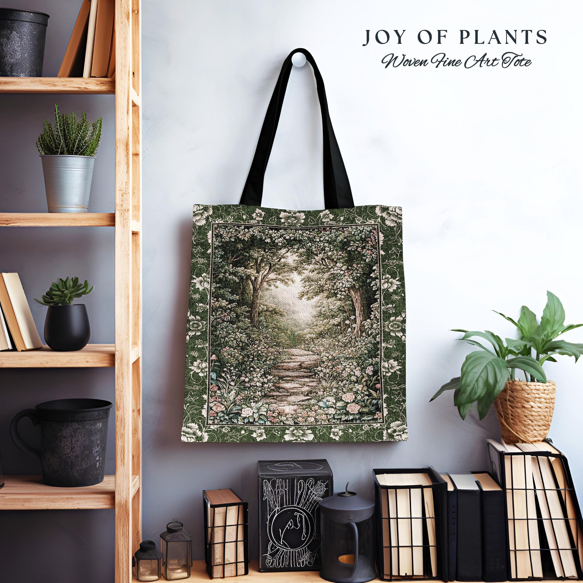 Mystic Garden Fairytale Landscape Tapestry Tote | Fairycore Woodland Nature Lover Book Nook Bag Cozy Earthy Aesthetic Whimsical Botanical |