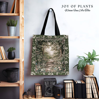 Mystic Garden Fairytale Landscape Tapestry Tote | Fairycore Woodland Nature Lover Book Nook Bag Cozy Earthy Aesthetic Whimsical Botanical |