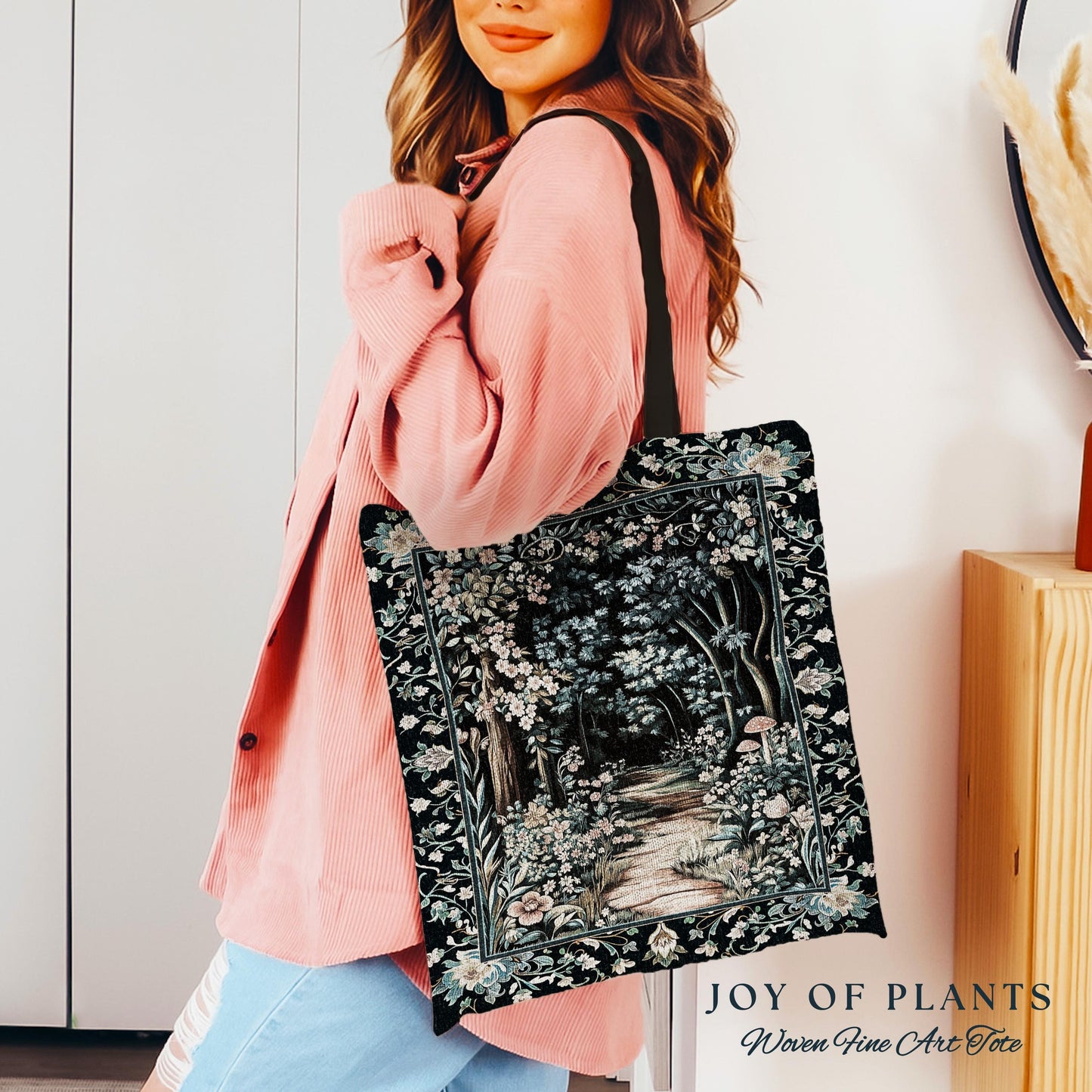 Dreamy Forest Landscape Botanical Tote | Misty Forest Dark Cottagecore Aesthetic Fairycore Bookish Woven Tapestry Bag Magical Jungle Decor |