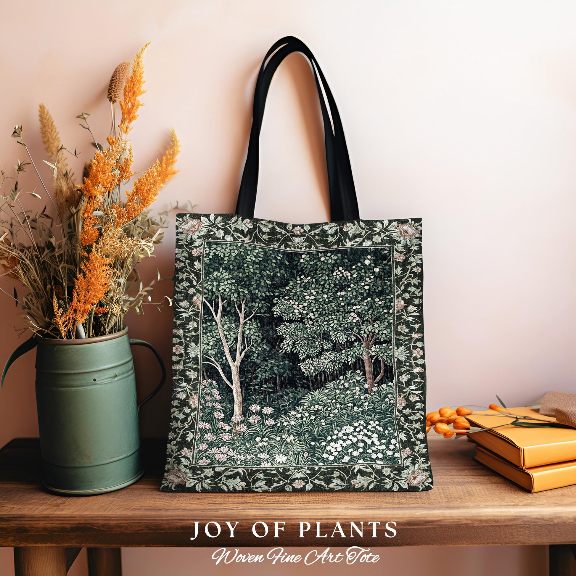Medieval Forest Botanical Tote Bag | Woodland Botanical Emerald Green Vintage Aesthetic Mystic Bookish Woven Bag Magical Fairycore Theme |