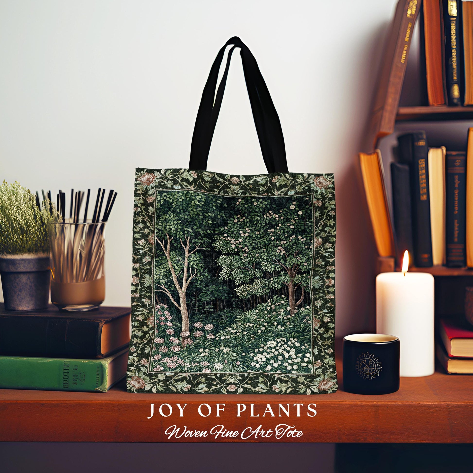 Medieval Forest Botanical Tote Bag | Woodland Botanical Emerald Green Vintage Aesthetic Mystic Bookish Woven Bag Magical Fairycore Theme |