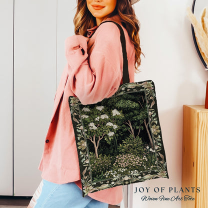 Emerald Green Medieval Tree Tapestry Tote | Magical Woodland Cottagecore Aesthetic Nature Lover Bookish Bag Olive Green Style Bohemian Cute