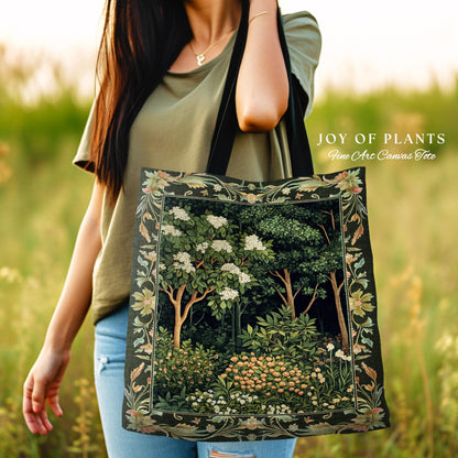 Emerald Green Medieval Tree Tapestry Tote | Magical Woodland Cottagecore Aesthetic Nature Lover Bookish Bag Olive Green Style Bohemian Cute
