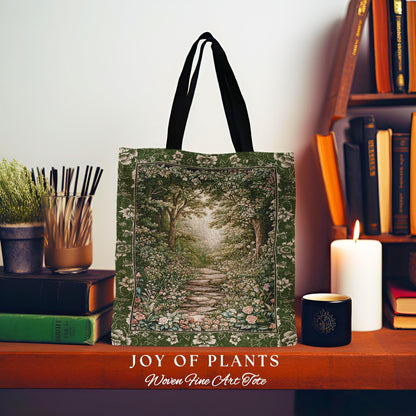 Mystic Garden Fairytale Landscape Tapestry Tote | Fairycore Woodland Nature Lover Book Nook Bag Cozy Earthy Aesthetic Whimsical Botanical |