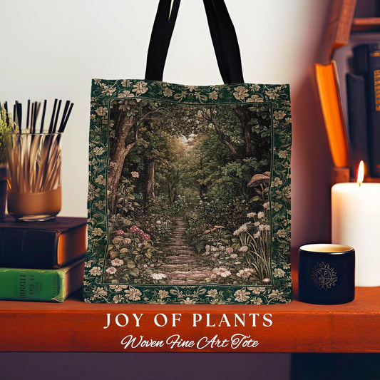 Botanical Style Tapestry Bag Fairycore | Woodland Mushroom Aesthetic Nature Lover Book Bag Tapestry Tote Woven Emerald Green Decor Whimsical