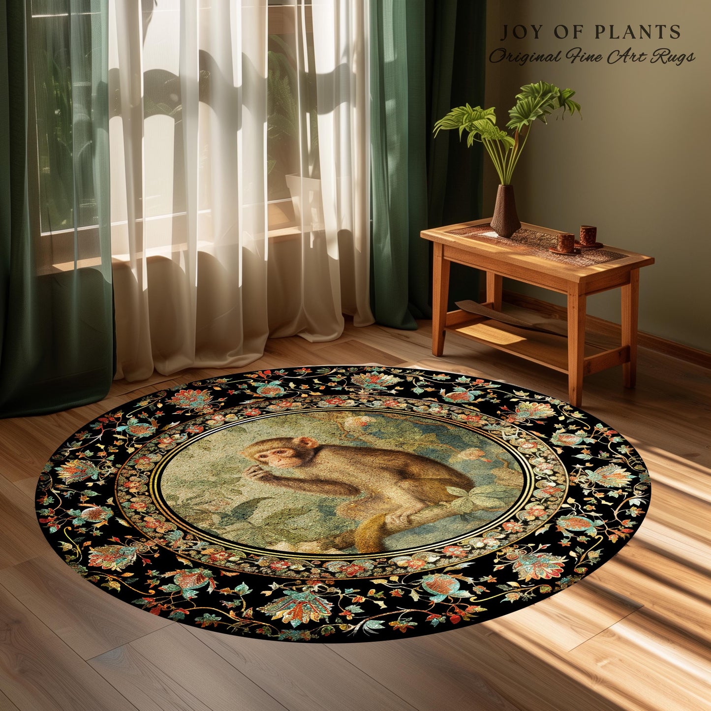 Botanical Monkey Round Rug Forestcore Morris Inspired Cottagecore Room, Light Academia Mystical Monkey Victorian Aesthetic Decorative Decor