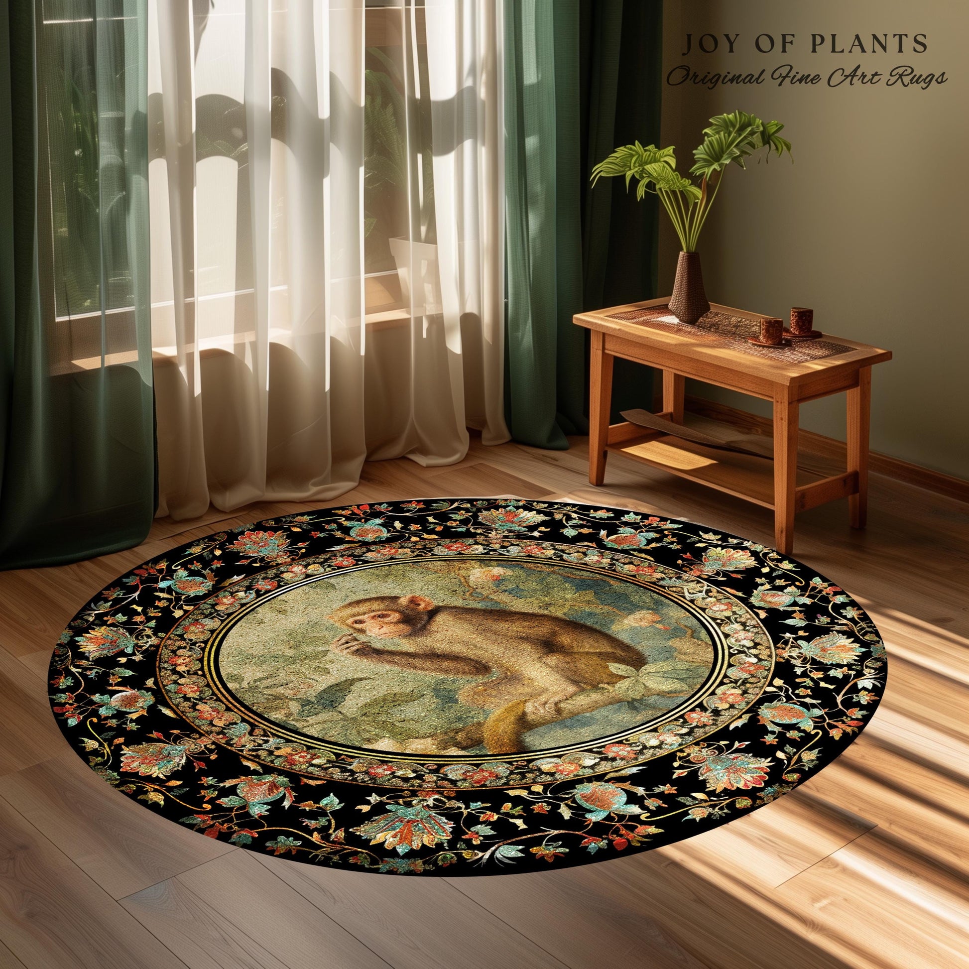 Botanical Monkey Round Rug Forestcore Morris Inspired Cottagecore Room, Light Academia Mystical Monkey Victorian Aesthetic Decorative Decor