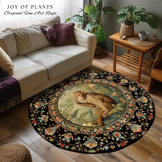 Botanical Monkey Round Rug Forestcore Morris Inspired Cottagecore Room, Light Academia Mystical Monkey Victorian Aesthetic Decorative Decor