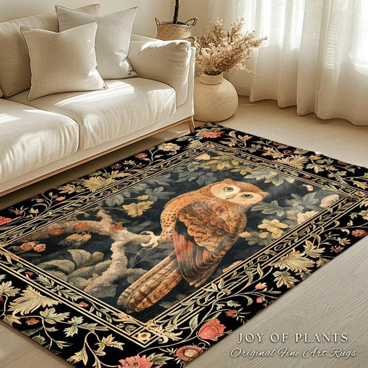 Ethereal Floral Owl Rug Bedroom Woodland Decor Morris Inspired Cottagecore, Whimsical Room Soft Aesthetic Academia Style Celestial Owl Rug