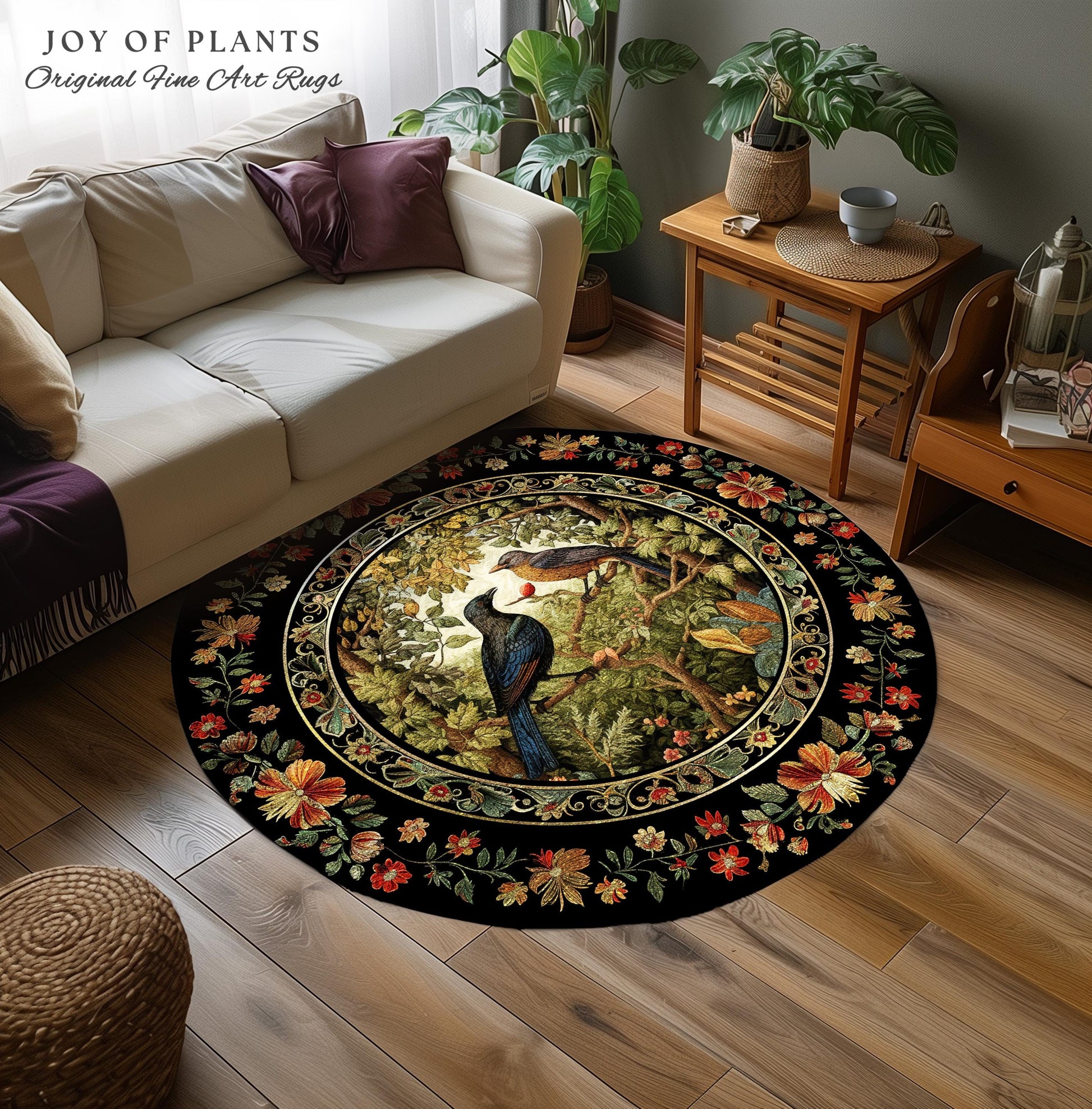 Crowcore Forest Round Raven Rug Bedroom Decor Morris Inspired Victorian Room Dark Academia Style, Mystical Woodland Birds Cottagecore Accent