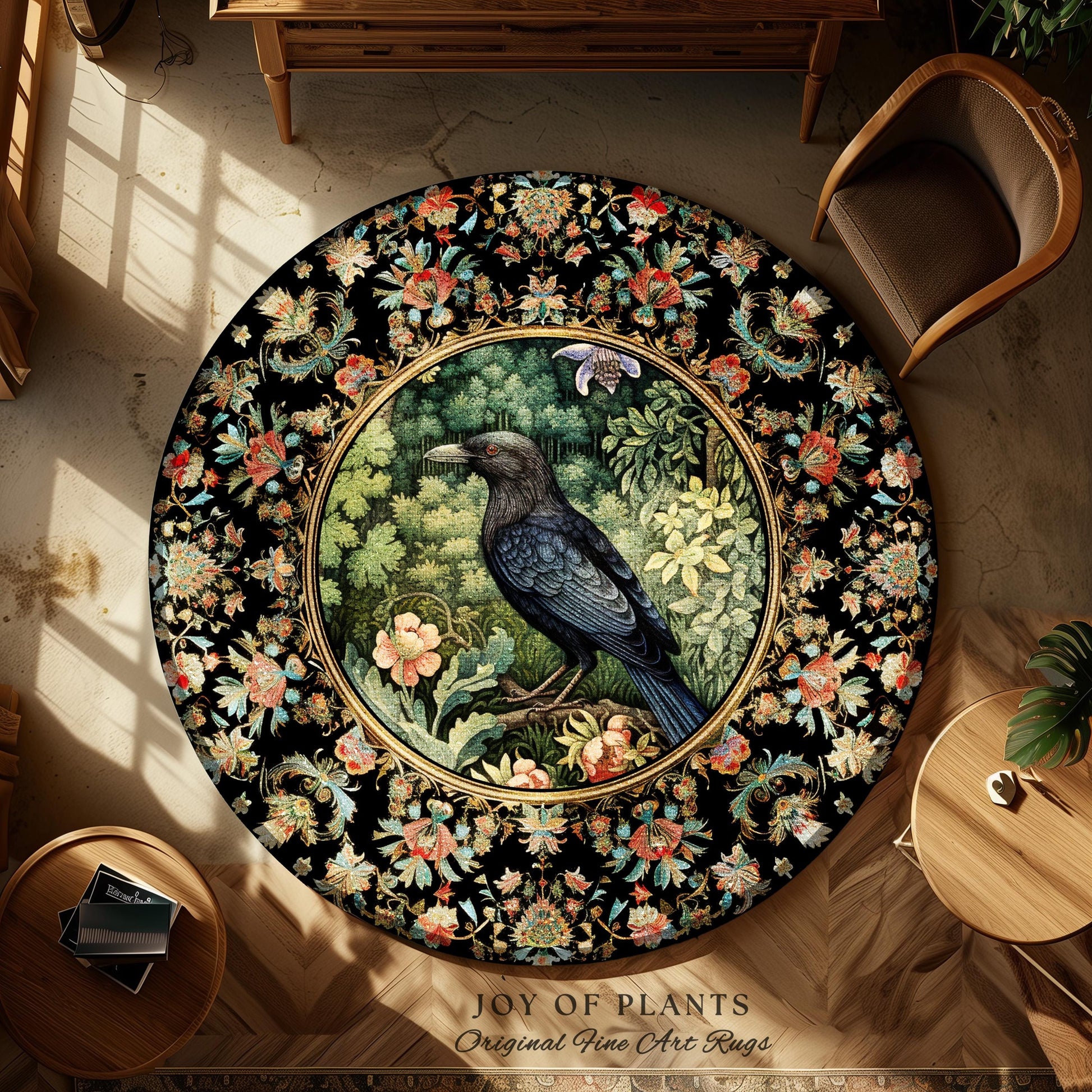 Botanical Forestcore Round Raven Rug Witchy Bedroom Crow Decor Morris Inspired Cottagecore, Dark Academia Mystical Woodland Crowcore Art