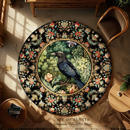 Botanical Forestcore Round Raven Rug Witchy Bedroom Crow Decor Morris Inspired Cottagecore, Dark Academia Mystical Woodland Crowcore Art