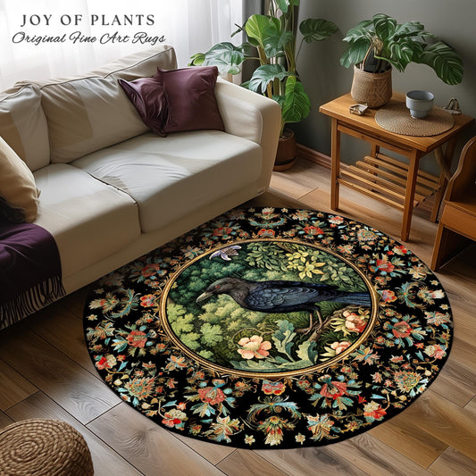 Botanical Forestcore Round Raven Rug Witchy Bedroom Crow Decor Morris Inspired Cottagecore, Dark Academia Mystical Woodland Crowcore Art