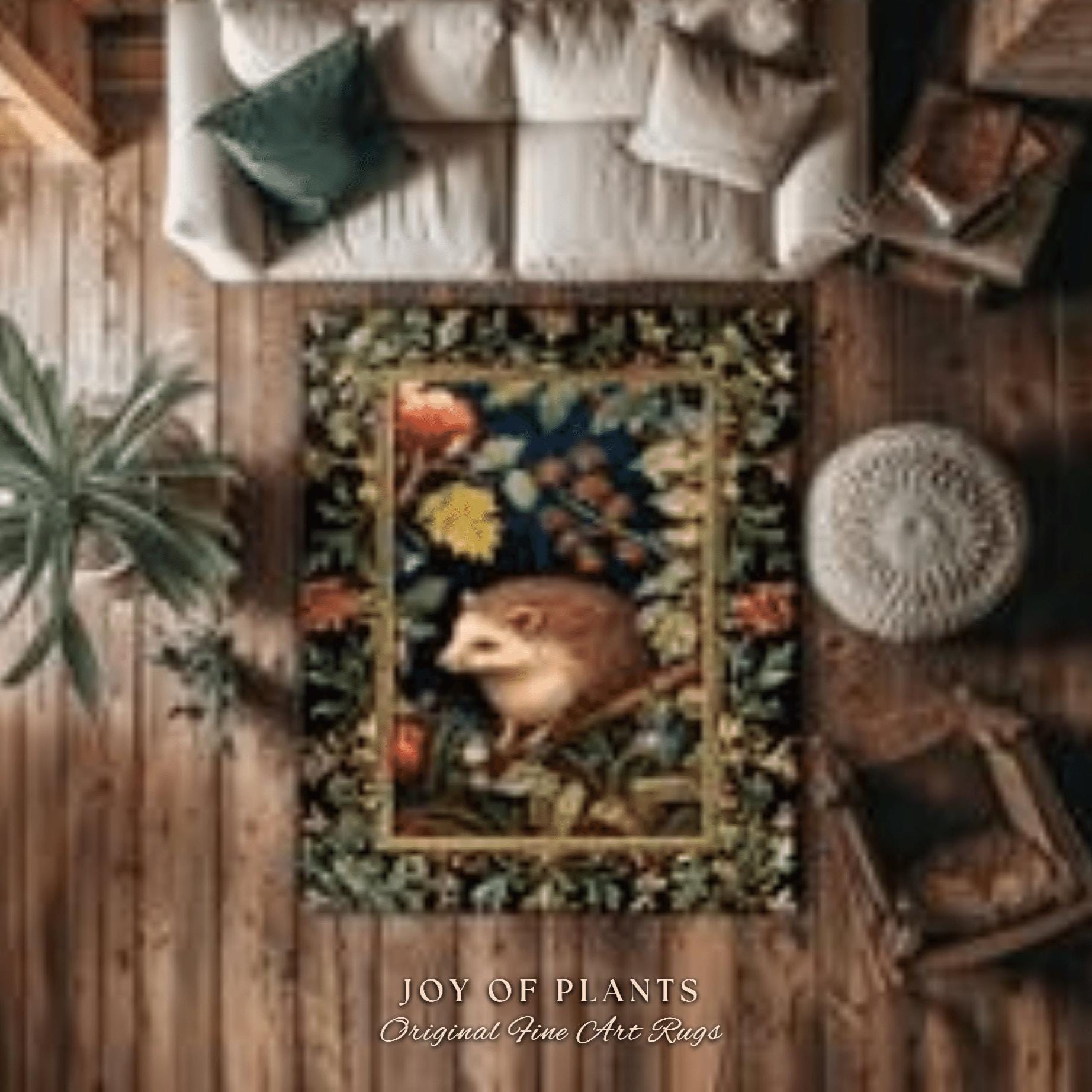 Woodland Aesthetic Bedroom Decor William Morris Inspired Cottagecore Room Light Academia Mystical Throw Rug | Nature Area Rug Hedge Hog |