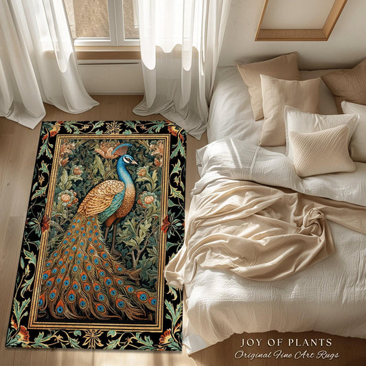 Dark Cottagecore Whimsical Peacock Rug Vintage Aesthetic Bird Decor | Eclectic Peacock Area Rug Morris Style Botanical Dark Academia Decor