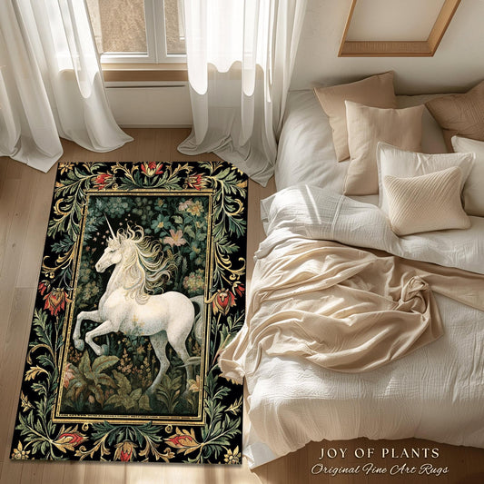 Soft Cottagecore Botanical Unicorn Rug Folklore Forest Decor | Whimsical Fairytale Unicorn Rug Morris Style Floral Light Academia Art Decor