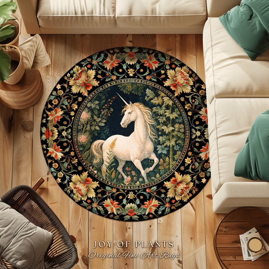 Princesscore Bedroom Decor William Morris Inspired Cottagecore Room Light Academia Style Rug Mystical Folklore | Folk Art Unicorn Round Rug