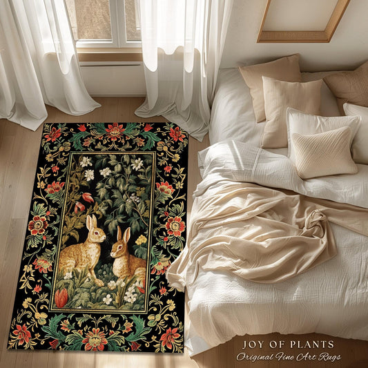 Dark Botanical Cottagecore Rabbit Rug Forestcore Vintage Aesthetic Decor | Victorian Art Morris Style Floral Bunny Rug Boho Fairycore Decor