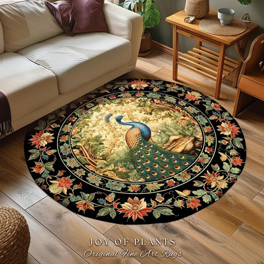 Botanical Bedroom Decor Round Peacock Rug Morris Inspired Cottagecore Room Light Academia Style Mystical Bird Art | Maximalist Peacock Rug