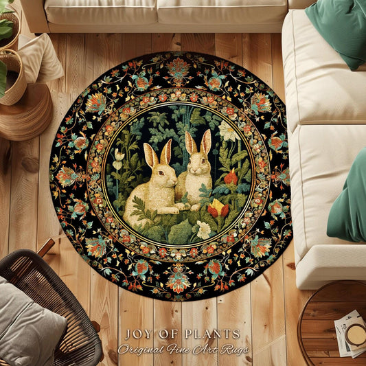 Botanical Bedroom Decor Round Bunny Rabbit Rug Morris Inspired Cottagecore Woodland Whimsy Style Home | Floral Bunny Rabbit Fairycore Rug