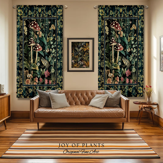 Fairytale Forest Mushroom Frog Curtain | Trendy Aesthetic Cottagecore Botanical Curtain for Emerald Green Bathroom Funky Woodland Drapes |