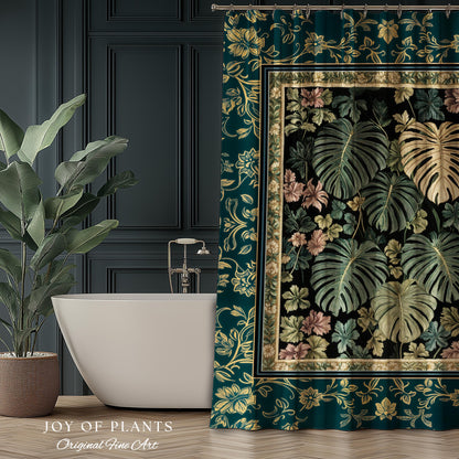 Botanical Cozy Shower Curtain Maximalist Jungle | Plant Lady Decor Monstera Deliciosa Bathroom Woodland Magical Dark Academia Emerald Style