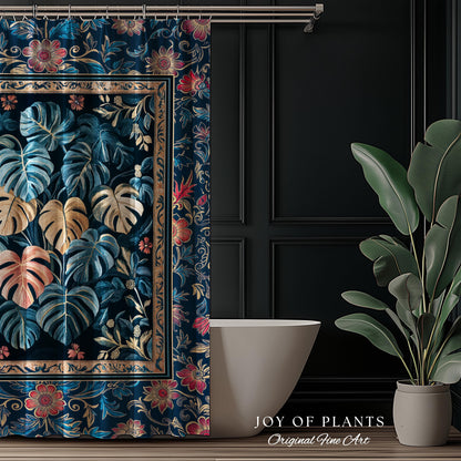 Serene Monstera Forest Shower Curtain | Enchanted Tropigoth Bathroom Whimsical Cottagecore Houseplant Lover Mystic Aesthetic Boho Colorful |