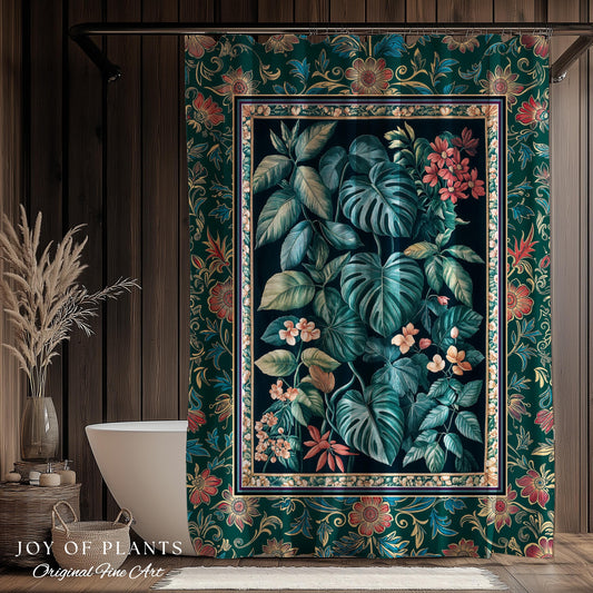 Elegant Botanicals Dark Forestcore Shower Curtain | Woodland Fairycore Tapestry Dark Cottagecore Vintage Style Moody Bathroom Teal Aesthetic