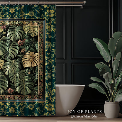 Monstera Shower Curtain Unique | Herbology Style Dark Cottagecore Tropical Aesthetic Dark Floral Houseplant Botanical Bathroom Whimsical |