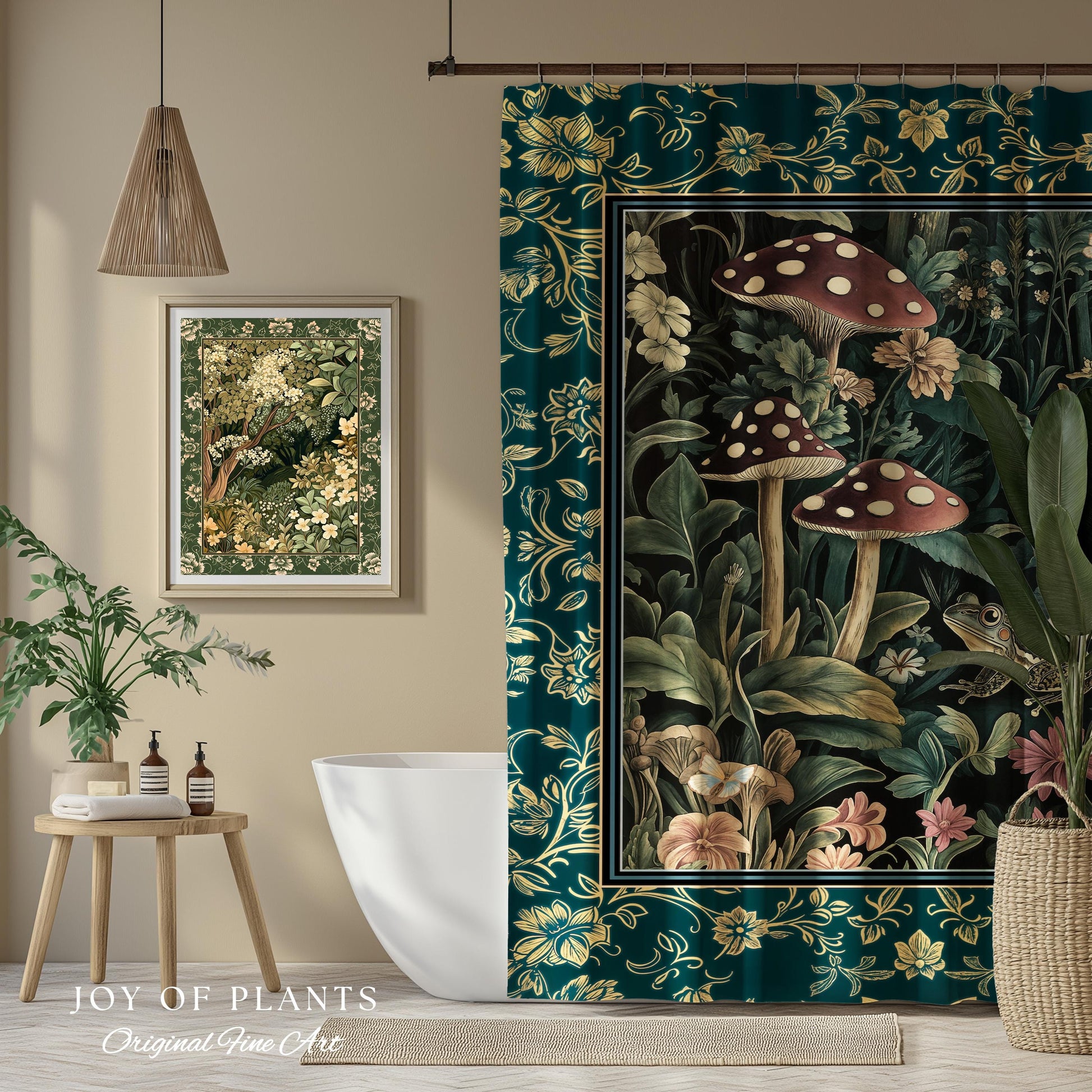 Fairytale Forest Mushroom Frog Shower Curtain | Trendy Aesthetic Cottagecore Botanical Curtain for Emerald Green Bathroom Funky Woodland |
