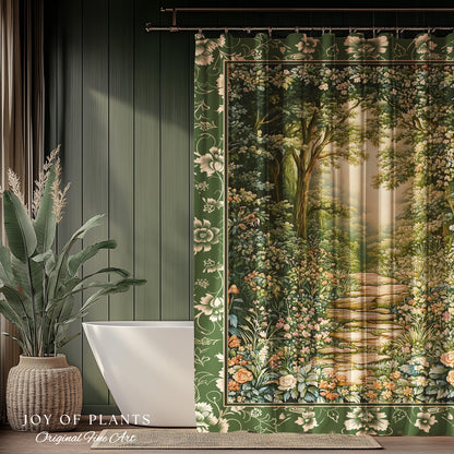 Mystic Garden Fairytale Landscape Shower Curtain | Fairycore Woodland Nature Lover Aesthetic Cozy Earthy Bathroom Decor Whimsical Floral |