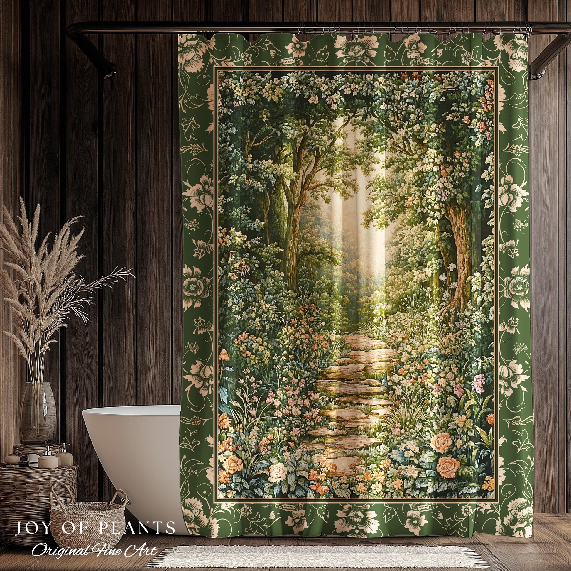 Mystic Garden Fairytale Landscape Shower Curtain | Fairycore Woodland Nature Lover Aesthetic Cozy Earthy Bathroom Decor Whimsical Floral |