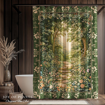 Mystic Garden Fairytale Landscape Shower Curtain | Fairycore Woodland Nature Lover Aesthetic Cozy Earthy Bathroom Decor Whimsical Floral |