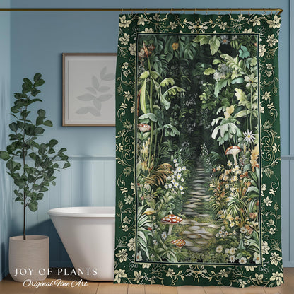 Soft Green Woodland Shower Curtain for Bathroom | Fairycore Woodland Nature Lover Book Nook Cozy Earthy Decor Jungle Whimsical Aesthetic |
