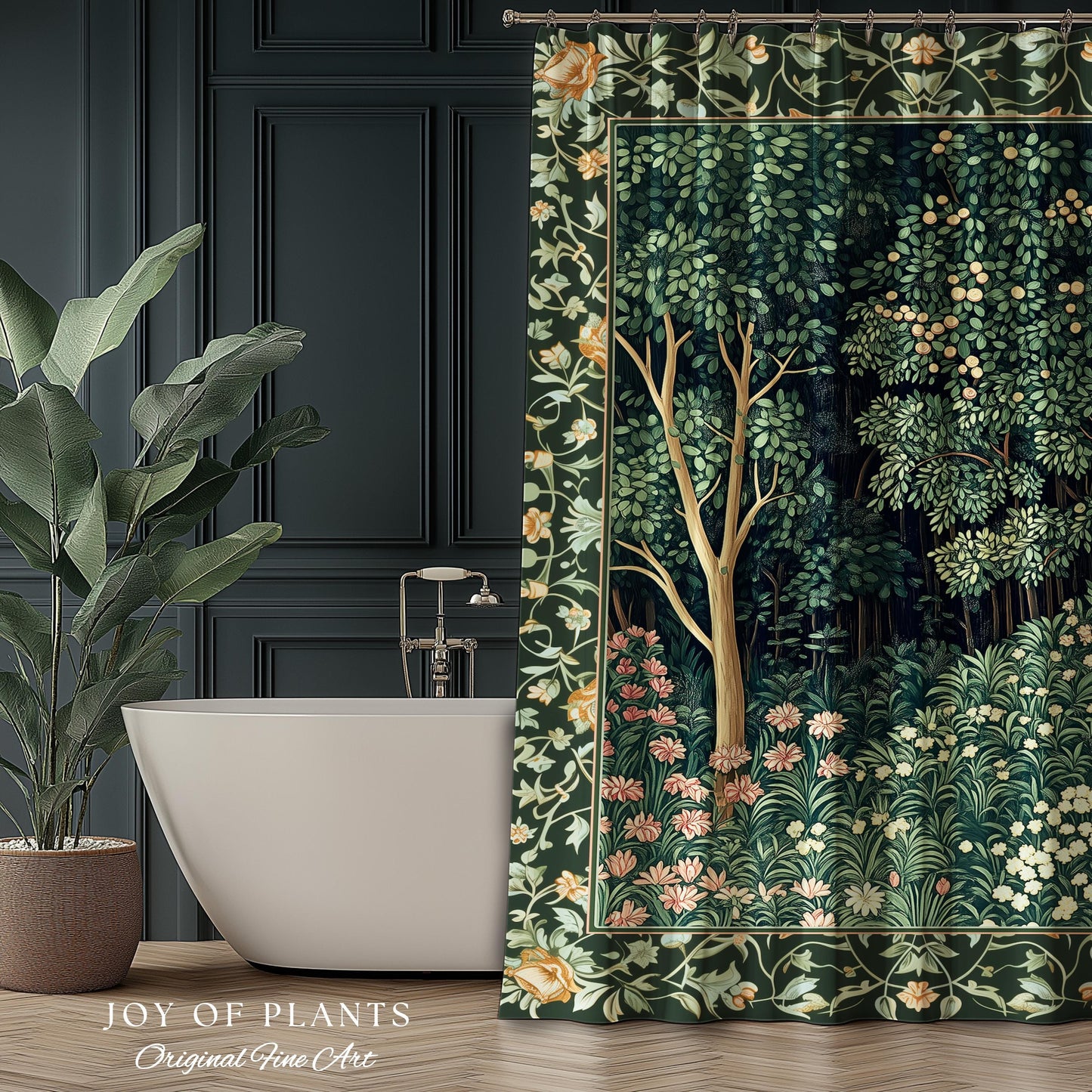 Medieval Forest Botanical Bathroom Accent | Woodland Botanical Emerald Green Vintage Aesthetic Mystic Storybook Shower Curtain Magical Style