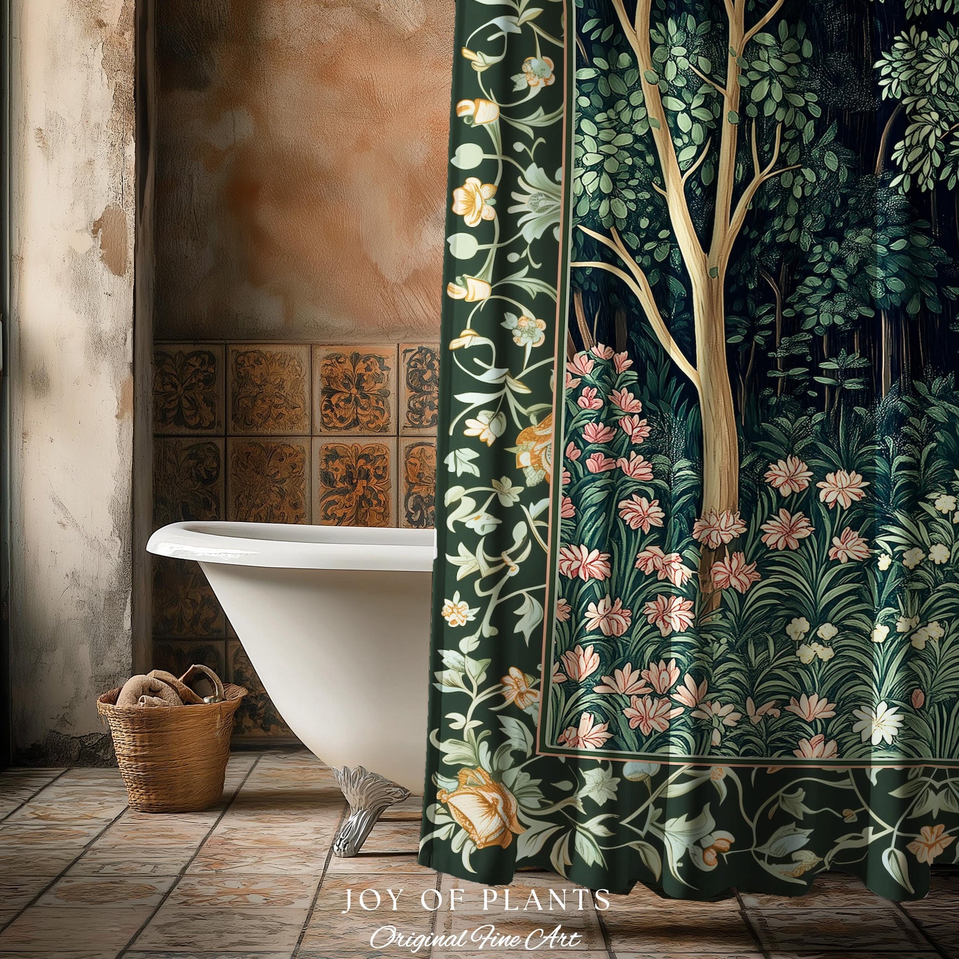 Medieval Forest Botanical Bathroom Accent | Woodland Botanical Emerald Green Vintage Aesthetic Mystic Storybook Shower Curtain Magical Style