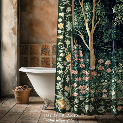 Medieval Forest Botanical Bathroom Accent | Woodland Botanical Emerald Green Vintage Aesthetic Mystic Storybook Shower Curtain Magical Style