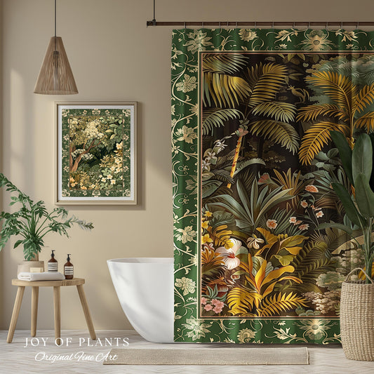 Maximalist Botanical Jungle Shower Curtain | Exotic Leaf Tropical Nature Theme Bathroom Decor Vintage Elegance Boho Jungle Greenery Curtain