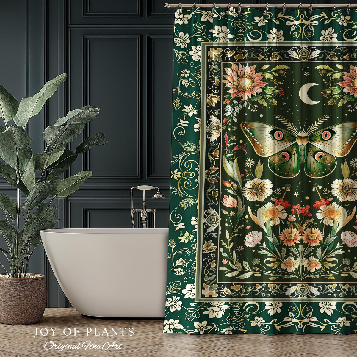 Botanical Moth Moon Shower Curtain Whimsical Floral Fairycore Enchanted Forest Green Bathroom Cottagecore Woodland Whimsy Butterfly Decor |