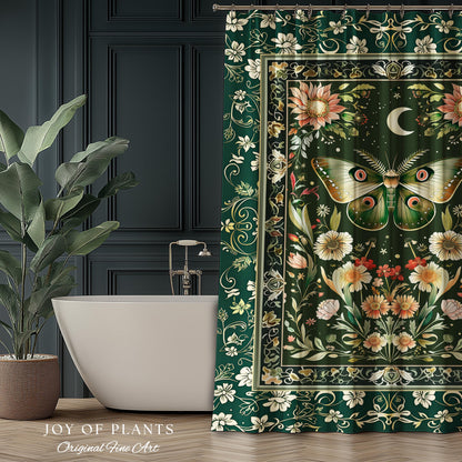 Botanical Moth Moon Shower Curtain Whimsical Floral Fairycore Enchanted Forest Green Bathroom Cottagecore Woodland Whimsy Butterfly Decor |