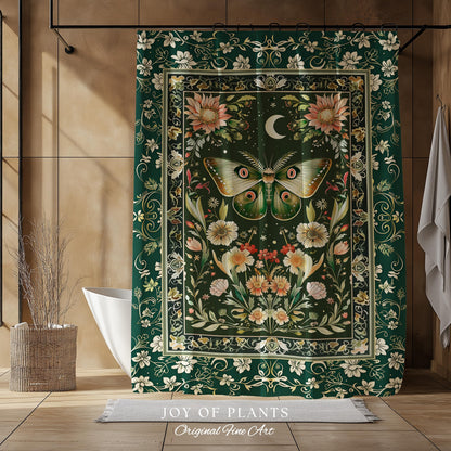 Botanical Moth Moon Shower Curtain Whimsical Floral Fairycore Enchanted Forest Green Bathroom Cottagecore Woodland Whimsy Butterfly Decor |